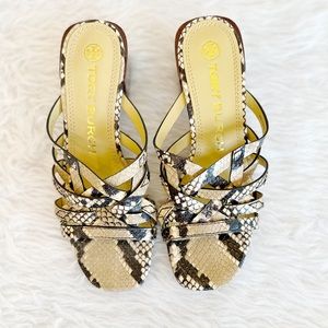 Tory Burch Basket-Weave Block Snakeskin-Embossed Leather Heel Mules, new…